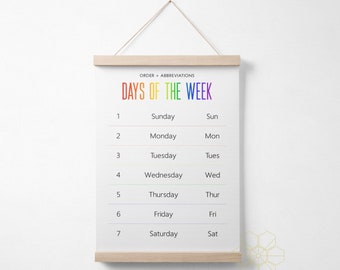 Rainbow Style Days of the Week Classroom Poster or Homeschool Decor with Hanger Frame