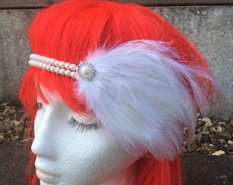Flapper 1920s Feather and Pearl Ivory Flapper Headband Hairband Headpiece peaky blinders