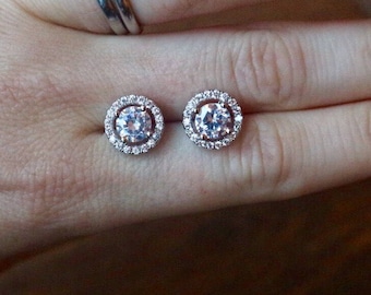 Diamond Simulant Stud Earrings with Halo Bridal Earrings