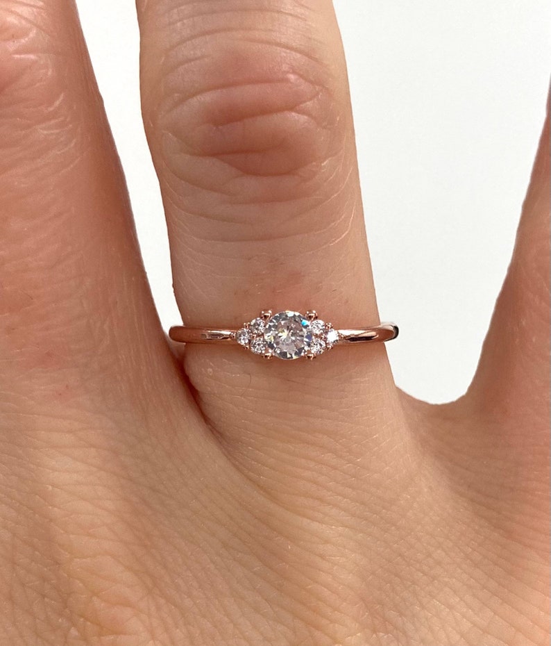 Dainty thin minimalist Rose Gold and Silver Stacking Ring. Engagement Ring Diamond simulant various sizes image 2