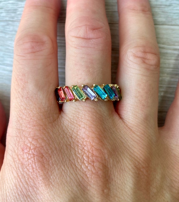 Rainbow Baguette Ring Eternity Ring Promise Ring Stacking Ring Gold Various Sizes Colourful Ring Jewelled Ring Etsy