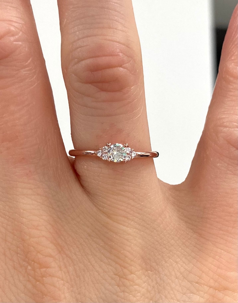 Dainty thin minimalist Rose Gold and Silver Stacking Ring. Engagement Ring Diamond simulant various sizes image 1