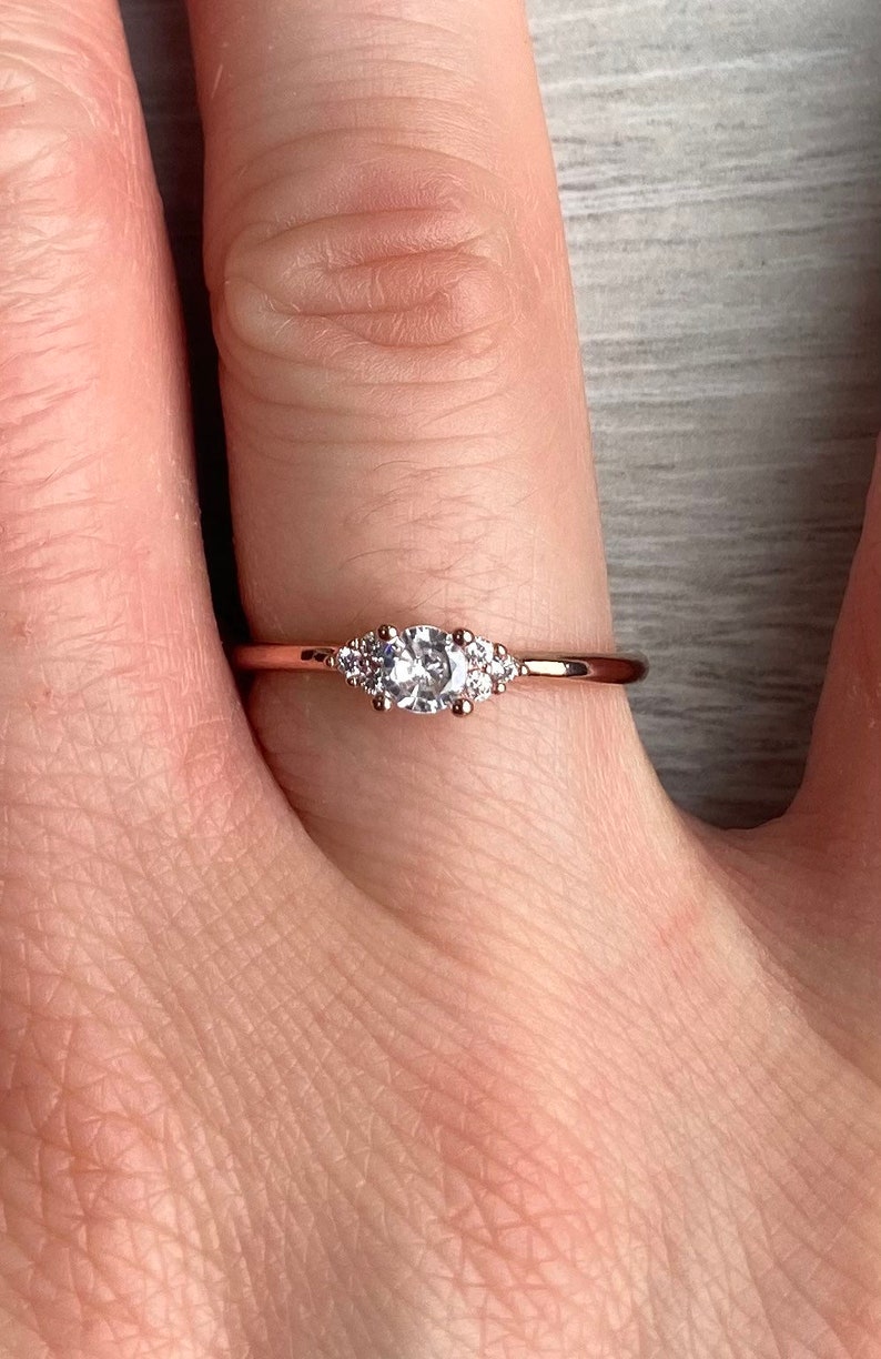 Dainty thin minimalist Rose Gold and Silver Stacking Ring. Engagement Ring Diamond simulant various sizes image 4