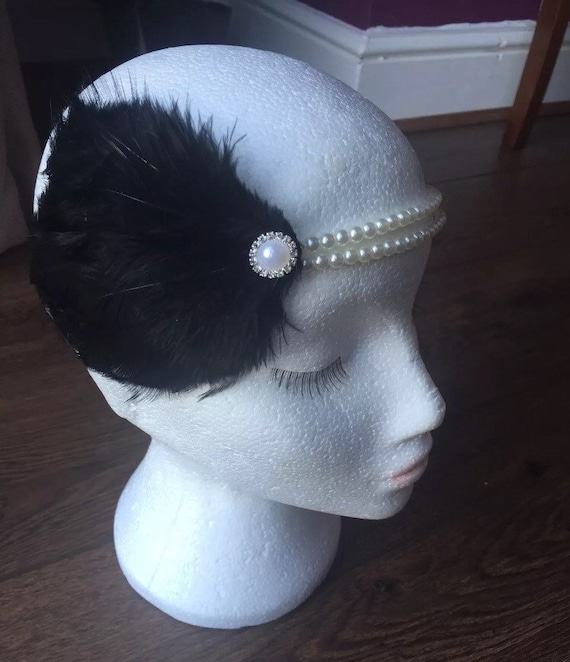 Flapper Gatsby headband 1920s black feather Pearl Flapper hairband
