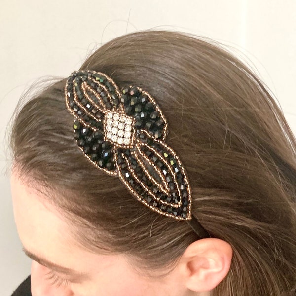 1920s Flapper Black and Gold Beaded Headband gatsby headband Art Deco Peaky Blinders Downton Abbey charleston Art Deco hair accessory