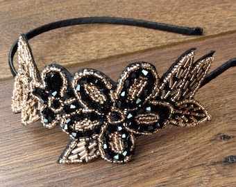 1920er Jahre Flapper Haarband schwarz und gold Perlen Haarband Stirnband Accessoires Flapper Haarband