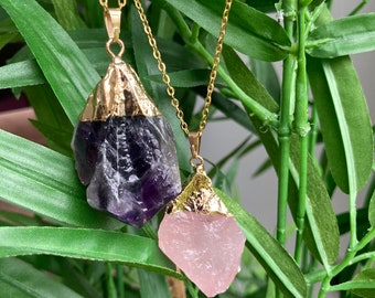 Amethyst and Rose Quartz Necklace Gem Stone Raw Natural Stone Pendant GiftChalcedony