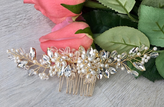 Gold and White Floral Hair Accessory with Intricate Design Amazon.com : Yean Bride Flower Bridal Hair Comb Gold Leaf  main image 4