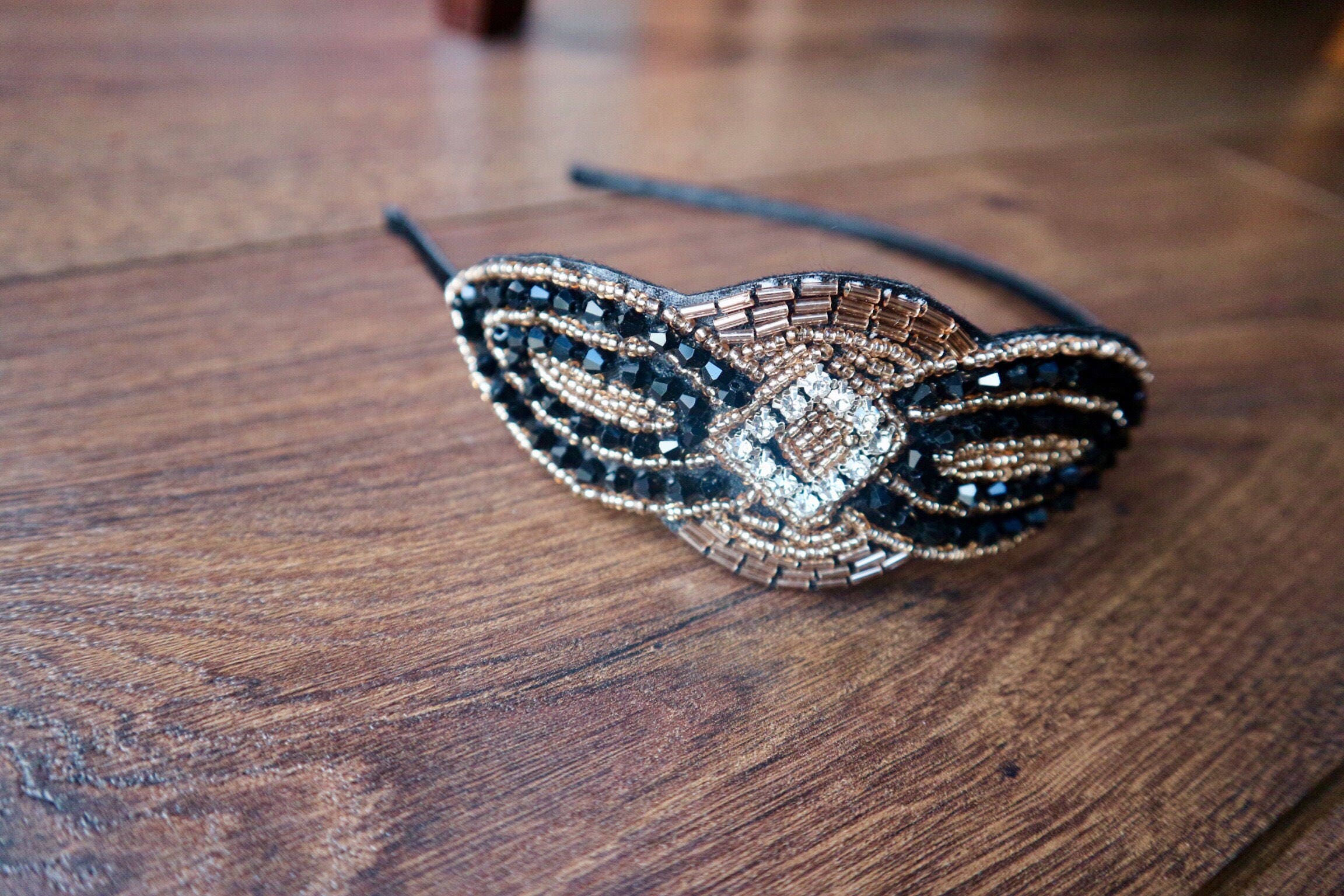 1920s Flapper Black and Gold Beaded Headband Gatsby Headband | Etsy UK