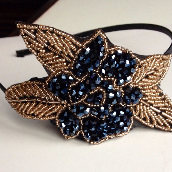 Flapper Bridal / Flapper 1920s style Black and Gold Bead flower Hairband fascinator headband peaky blinders