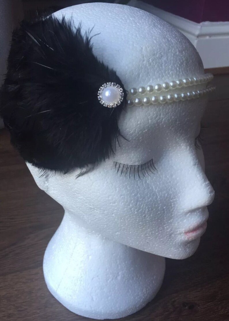 Flapper Gatsby headband 1920s black feather Pearl Flapper hairband image 3