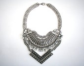 Bib necklace, Metal Necklace, Statement Necklace, Masterpiece, Chain, Ethnic jewel, Rock, Strass, Spike, Winter, Party, Silver