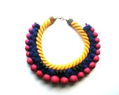 Bib necklace, big rope necklace, ethnic jewel,statement necklace, tribal african jewel, spike, summer colorful jewelry, yellow blue and pink