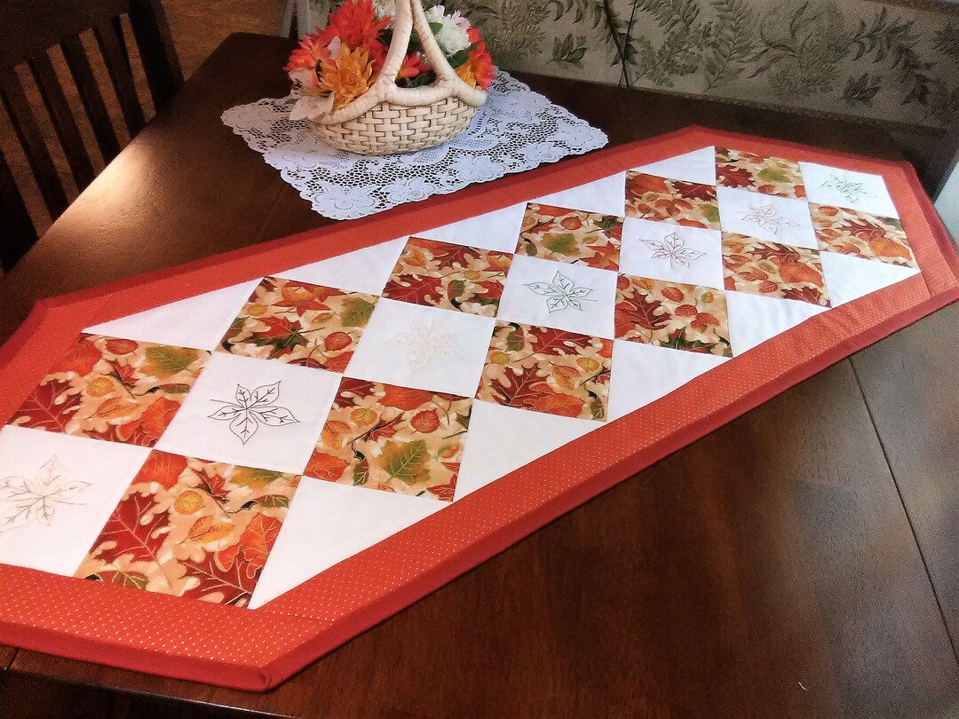 Embroidered Autumn Leaf Table Runner, Quilted Fall Decor - Etsy