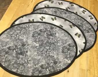 Oval Placemats: Embroidered Butterflies & Flowers, Reversible Cotton Set