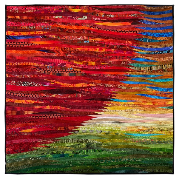Red sun is a modern art quilt. At 40 by 40 inches this original abstract fiber art makes a statement in your modern home or office.
