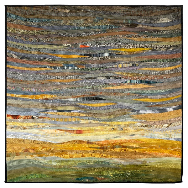 La pared acolchada del paisaje colgada en grises y amarillos agregará color a su hogar u oficina contemporánea. Arte textil abstracto. 40 por 40 in.