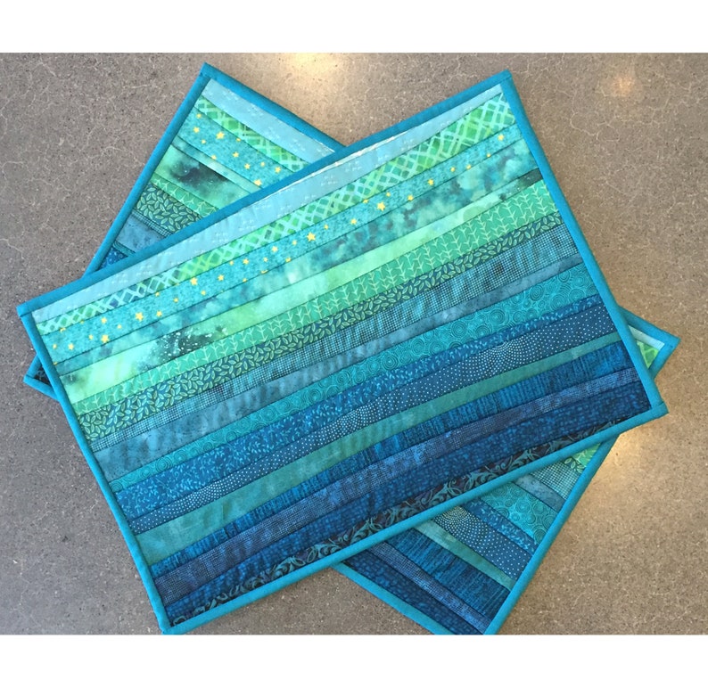 Quilted teal placemats. Washable table mats. Two mats. Modern Etsy