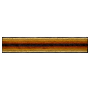 May include: A long, narrow rug with a woven design featuring horizontal stripes in shades of brown, beige, and black.