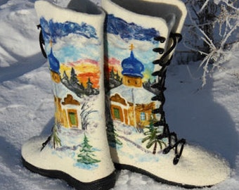 Felted boots Winter felt shoes Valenki Needle felt painting Snowy rustic landscape Church Custom size Outdoor colorful shoe Christmas