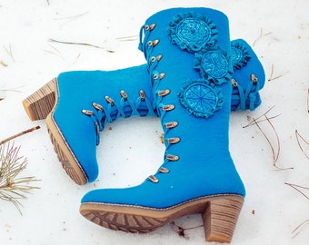 Turquoise felt women's shoes Azure felted winter booties Snow VALENKI High heels Boho cozy footwear Custom size Laced tall boots