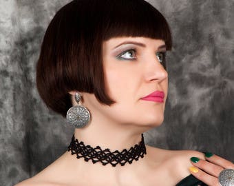 Black wide choker Tatted lace collar Victorian necklace Frivolite Goths jewelry Great gatsby wedding 90s tattoo chokers