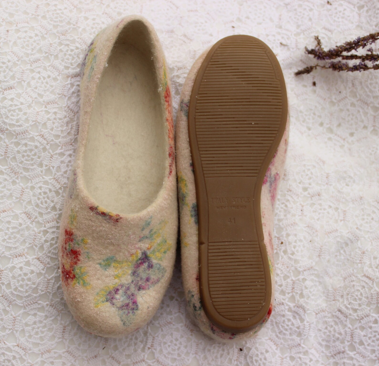 felt beige ballet shoes slip ons felted flatties woolen clogs butterfly flowers silk nuno felting woodland shoes custom size nat