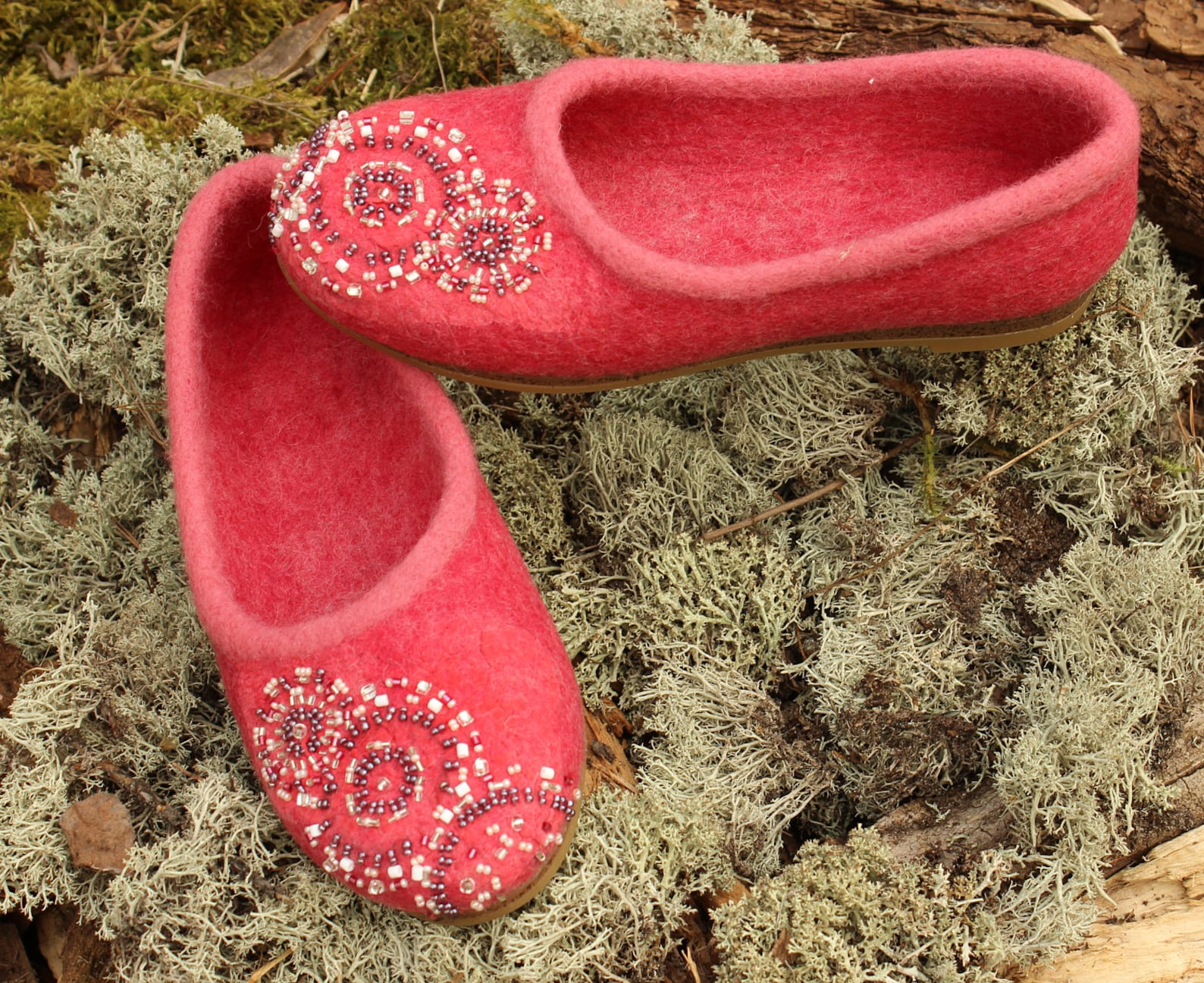 coral pink woolen clogs felted ballet shoes summer felt slip ons beads embroidery ornamental shoes bohemian style custom size ru