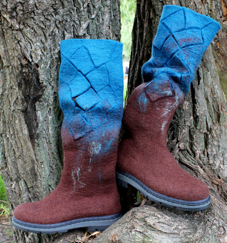 Felt shoes Women winter boots Felted Blue Brown Valenki Snow | Etsy