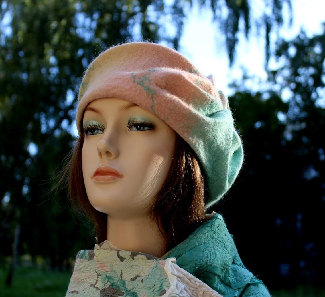 Pink Teal Felt Hat Women Warm Winter Felted Hat Pastel Pink Etsy