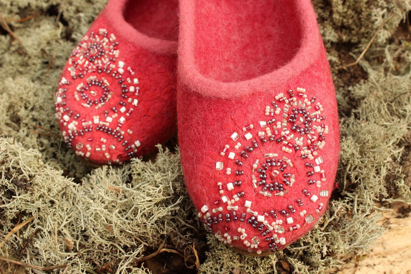 coral pink woolen clogs felted ballet shoes summer felt slip ons beads embroidery ornamental shoes bohemian style custom size ru
