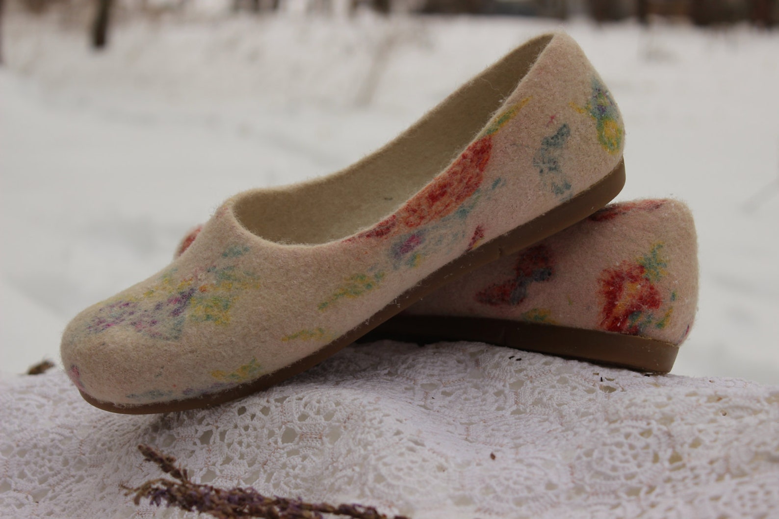 felt beige ballet shoes slip ons felted flatties woolen clogs butterfly flowers silk nuno felting woodland shoes custom size nat