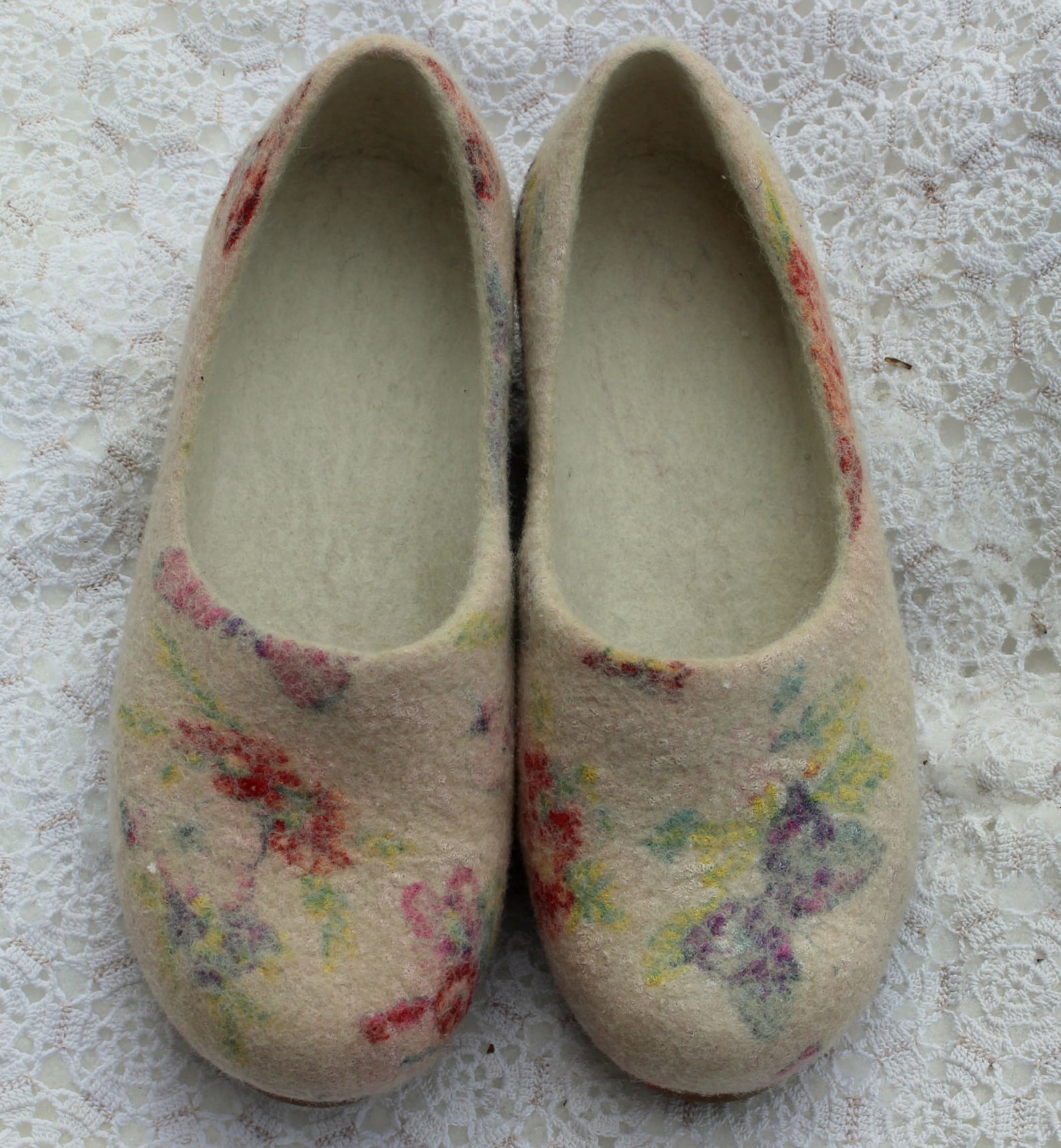 felt beige ballet shoes slip ons felted flatties woolen clogs butterfly flowers silk nuno felting woodland shoes custom size nat