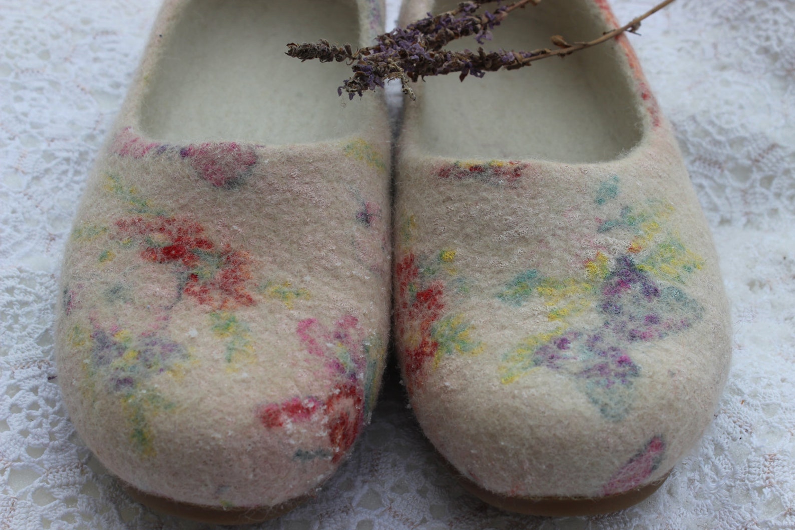 felt beige ballet shoes slip ons felted flatties woolen clogs butterfly flowers silk nuno felting woodland shoes custom size nat
