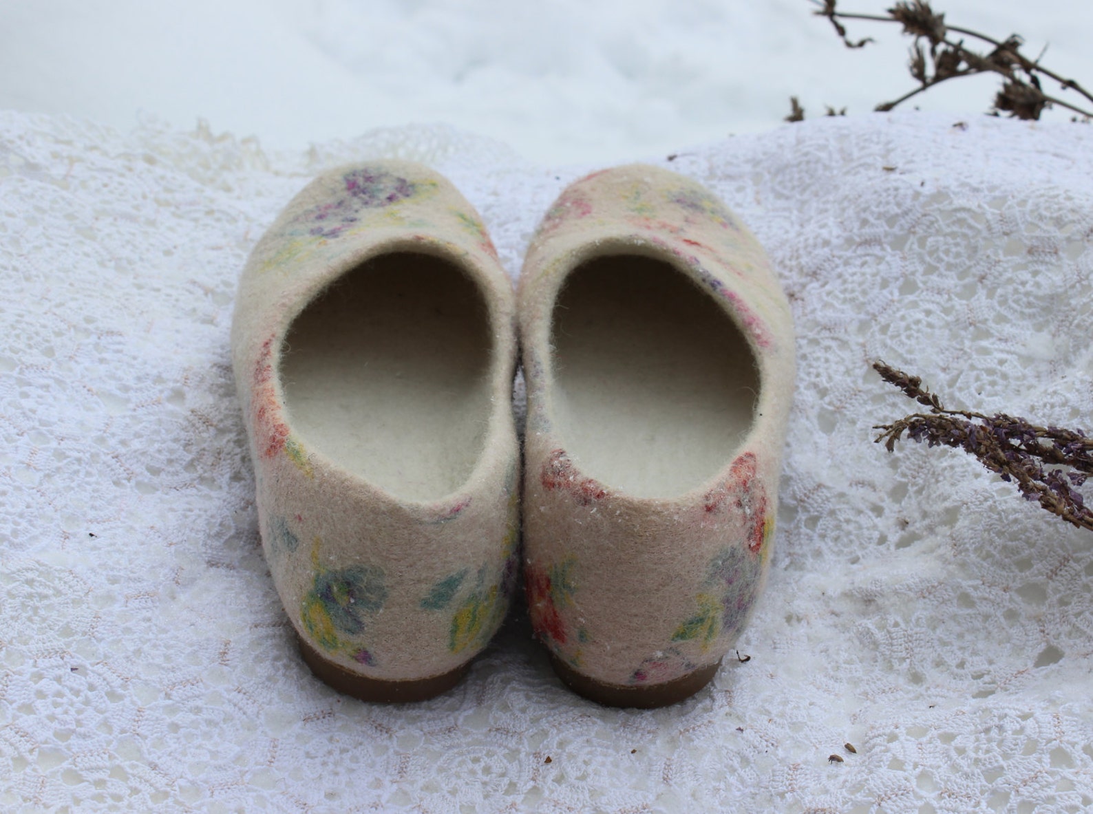 felt beige ballet shoes slip ons felted flatties woolen clogs butterfly flowers silk nuno felting woodland shoes custom size nat