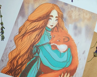 Cute Art Print of Fox Kawaii Autumn Print Foxy Art Halloween Print Cottage core Witch Art Print Illustrated Print With core Art Print