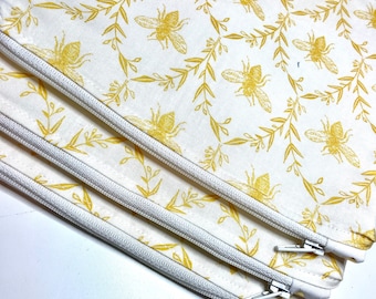 Queen Bee Cosmetic Bag: Yellow & White Zippered Pouch