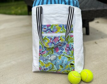 Blue Jungle Elephant Tote Bag: Floral Tennis Beach Bag
