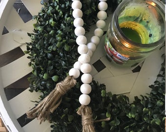 antique white wooden garland, natural tassel, farmhouse decor, Casa Beads