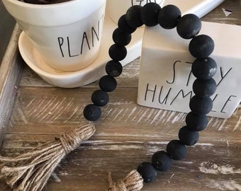 antique black wooden garland, natural tassel, farmhouse decor, Casa Beads