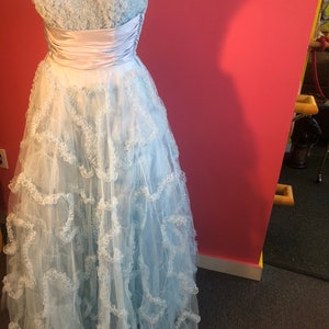 Vintage 1950s Strapless Baby Blue Tulle Ballgown Wedding Prom Dress image 7