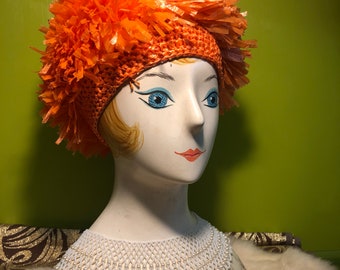 Vintage 1960s Orange Raffia Confetti Crochet Hat