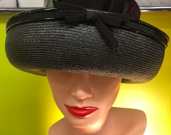 Vintage 1960s Mod Patent Leather and Straw Hat by Marche