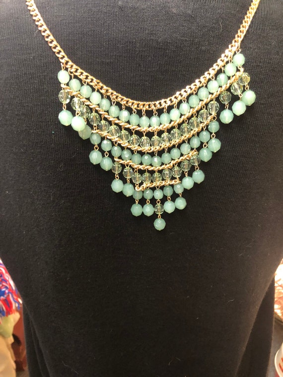 1970s Green Agate and Crystal Gold Filled Bib Nec… - image 2