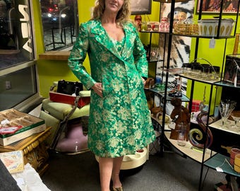 Vintage 1960s Green and Gold Silk Brocade Coat and Dress Set by Lee Claire New York