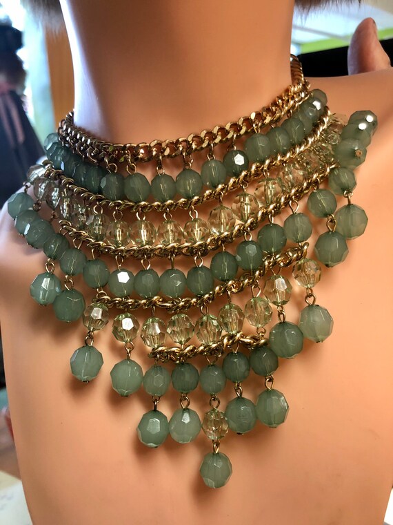 1970s Green Agate and Crystal Gold Filled Bib Nec… - image 10