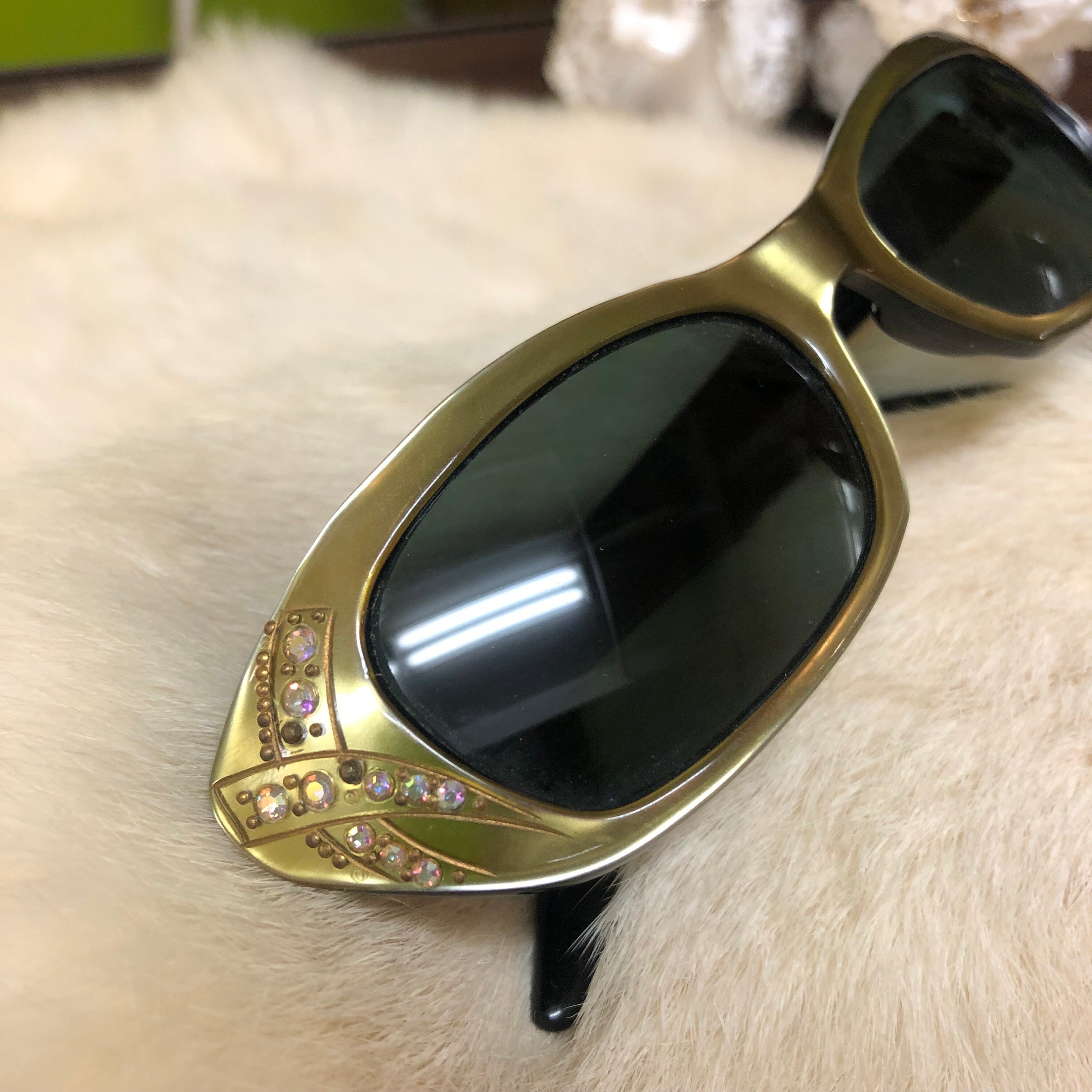 Vintage 50s 60s Cat Eye Sunglasses Made in France Gold Rhinestones Embellished Vintage 1960s Rhinestone Studded Metallic Gold Black Cat Eye  main image 3