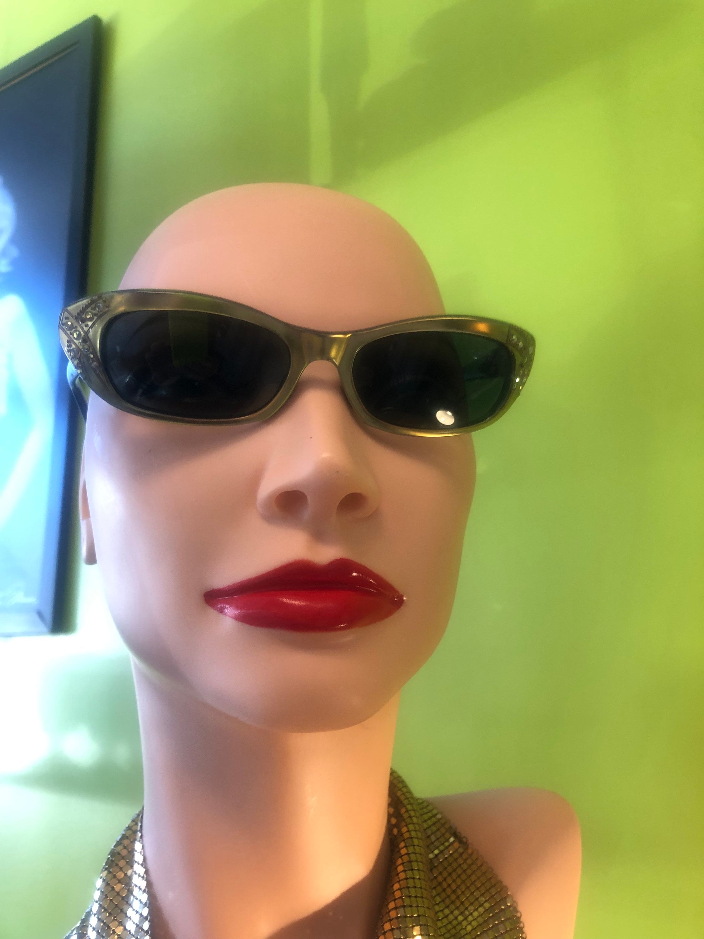 Vintage 50s 60s Cat Eye Sunglasses Made in France Gold Rhinestones Embellished Vintage Rare 1950s Rhinestone Cat Eye Sunglasses Made in  main image 2