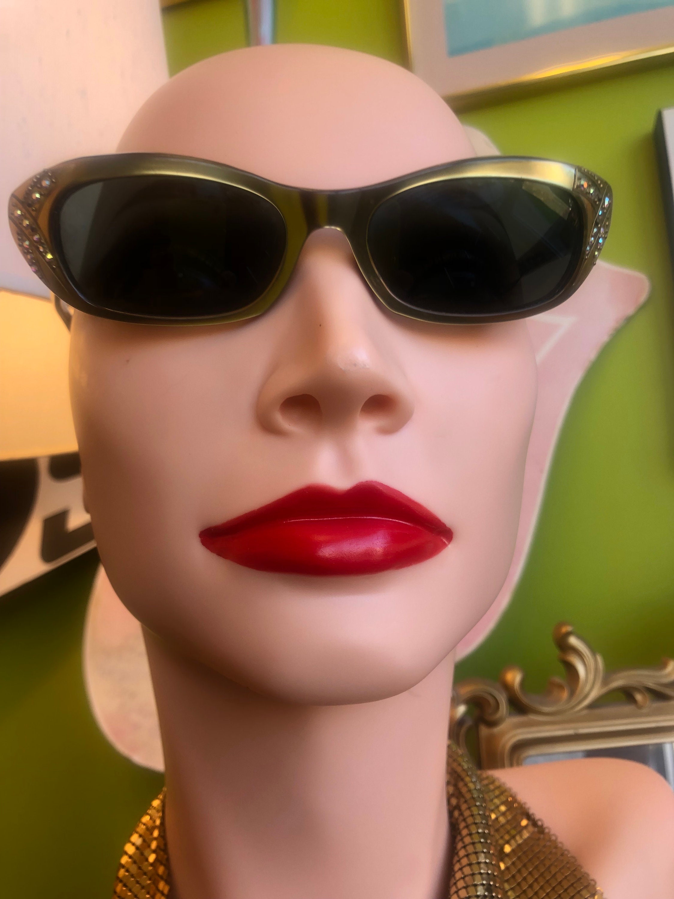 Vintage 50s 60s Cat Eye Sunglasses Made in France Gold Rhinestones Embellished Vintage 1960s Rhinestone Studded Metallic Gold Black Cat Eye  main image 2