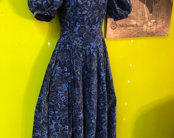 Vintage 1980s Laura Ashley Blue Floral Velvet Dress